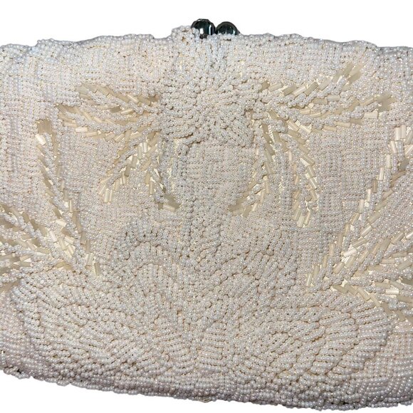 Creations By Harilelas Vintage Womens Clutch Bag Cream Heavily Beaded Purse